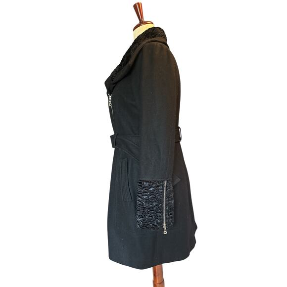 Guess Wool Blend Belted Coat XL Black Faux Fur Collar & Cuffs Winter Jacket - Picture 5 of 14